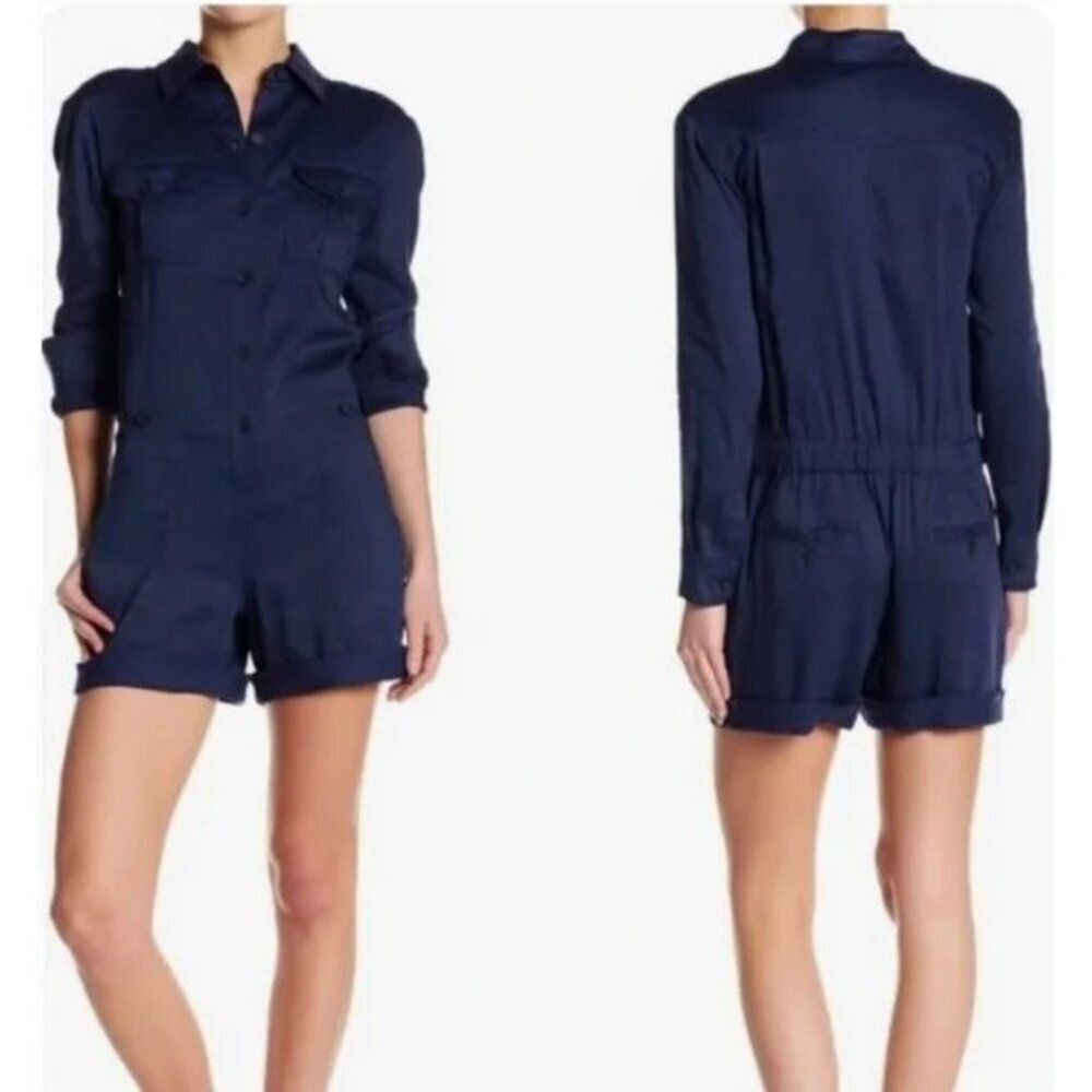 Vince Romper Size 0 Navy Blue Long Sleeve Linen Blend Shorts Utility Military